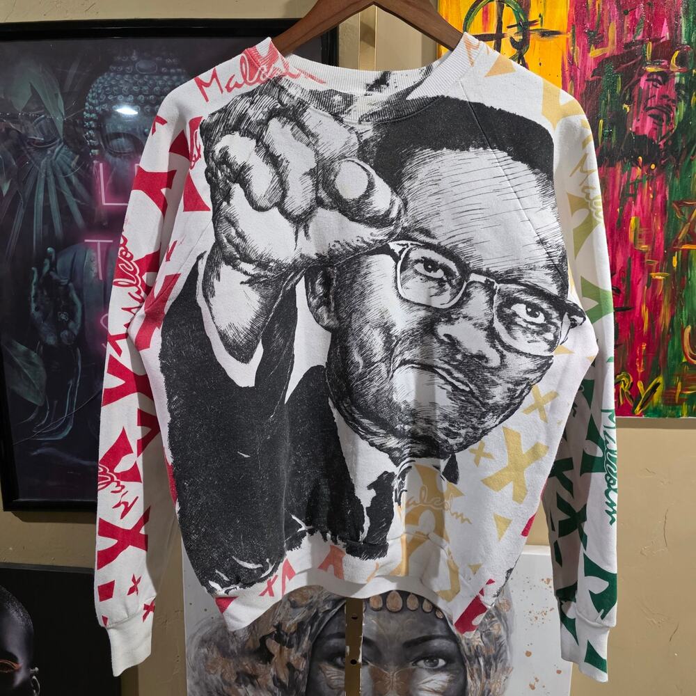 90s Rare Malcom X Black History Double Sided AOP Crew Neck Sweater Size Medium